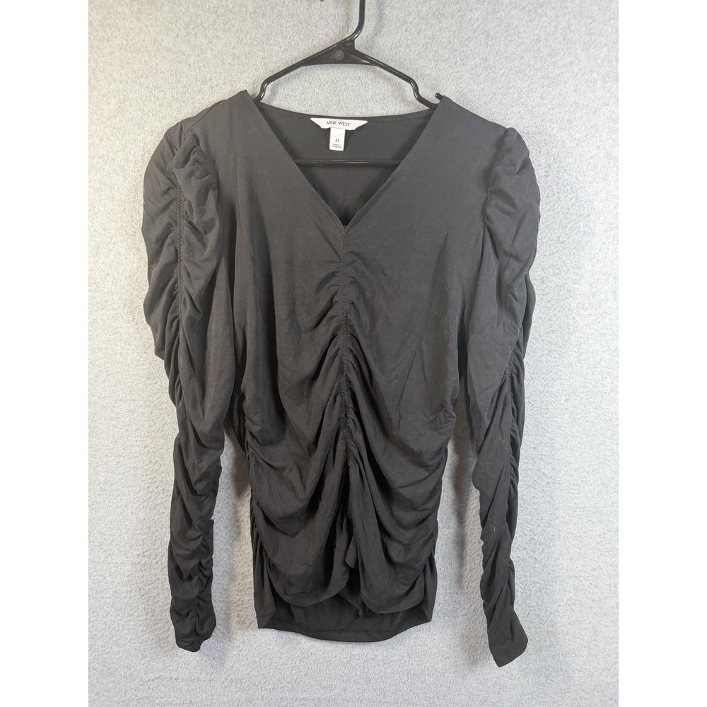 Nine West Blouse Womens Medium Black Ruched V Neck Long Sleeve Jersey Top
